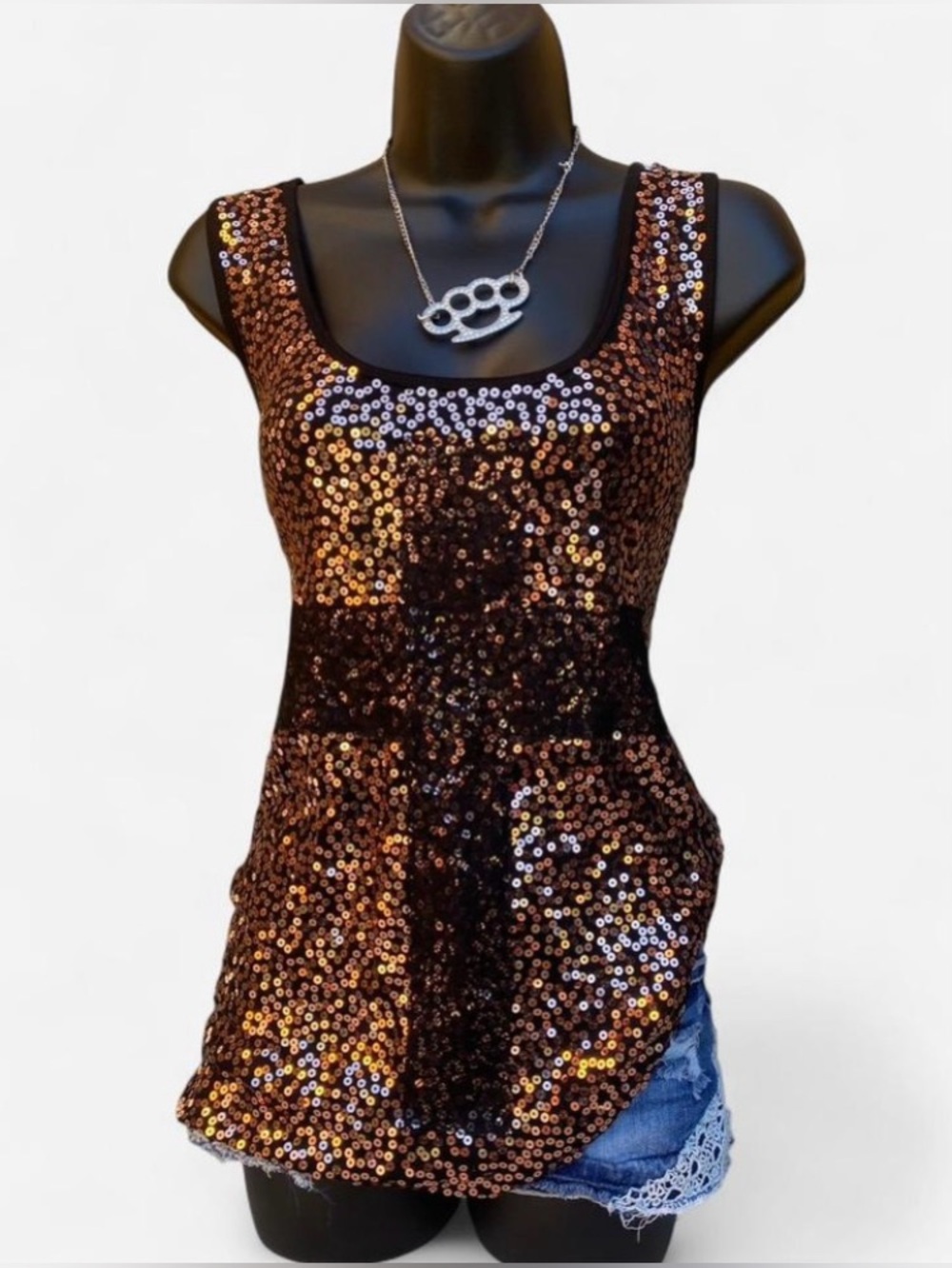 NWT 2010’s Tumblr Grunge Gold Sequin Tank Top with Black Lace Cross Design